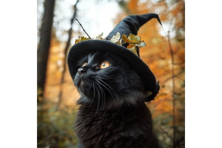 a black cat symbol of bad luck wearing a witches hat