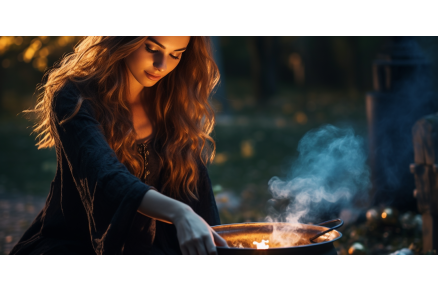 a witch charges an amulet at her cauldron