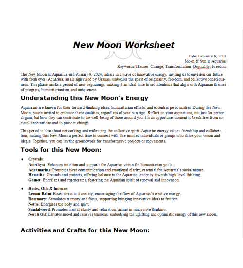 New Moon in Aquarius February 2024 Free Worksheet