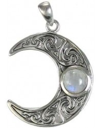 Crescent Moon Sterling Silver Pendant with Rainbow Moonstone