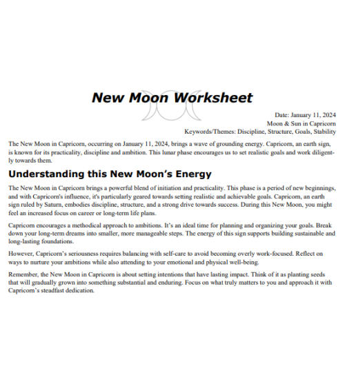 New Moon in Capricorn January 2024 Free Worksheet