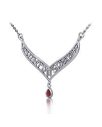 12 Zodiac Symbols Silver Necklace with Teardrop Garnet Birthstone