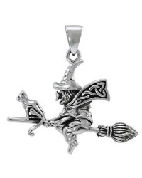 Classic Witch Riding Broom Sterling Silver Pendant