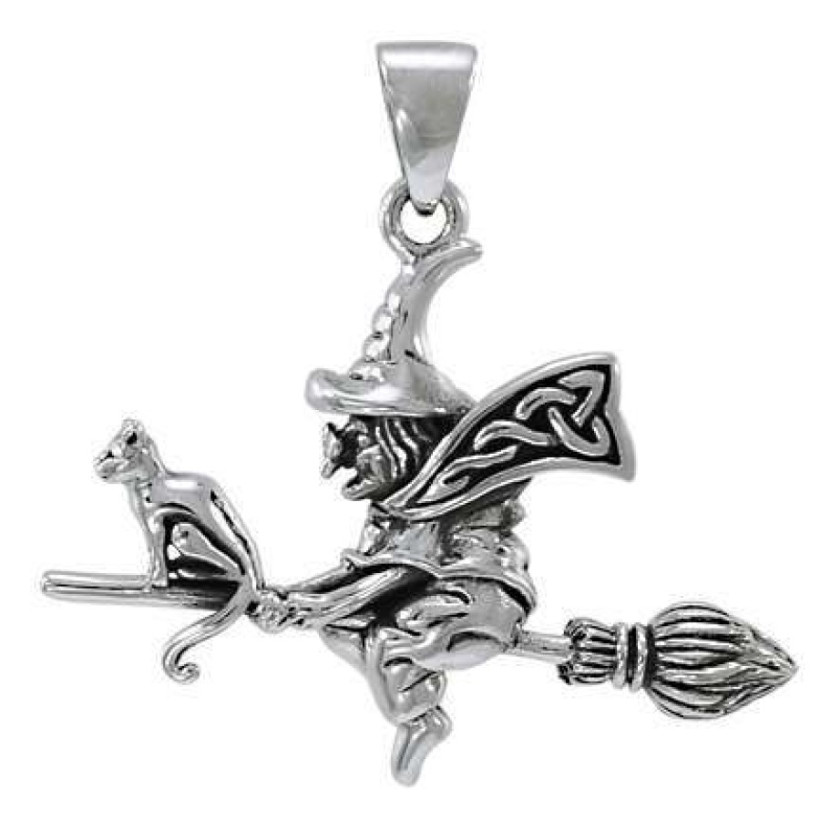 Classic Witch Riding Broom Sterling Silver Pendant Wicca Witch Pagan Jewelry