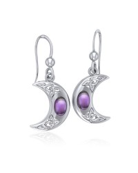 Celtic Knotwork Crescent Moon Hook Earrings with Amethyst