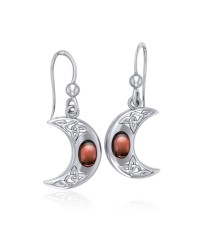 Celtic Knotwork Crescent Moon Hook Earrings with Garnet