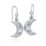 Celtic Knotwork Crescent Moon Hook Earrings with Rainbow Moonstone