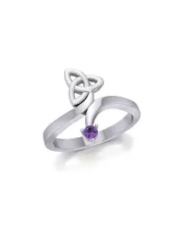 Celtic Trinity Knot with Round Amethyst Gem Silver Ring