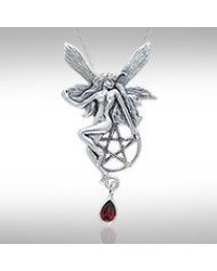 Fairy with Pentagram Silver Pendant & Garnet Gem