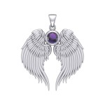 Guardian Angel Wings Silver Pendant with Amethyst Birthstone for February