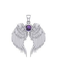 Guardian Angel Wings Silver Pendant with Amethyst Birthstone for February