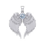 Guardian Angel Wings Silver Pendant with Aquamarine Birthstone for March