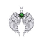 Guardian Angel Wings Silver Pendant with Emerald Birthstone for May