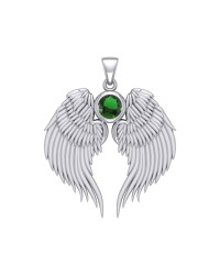 Guardian Angel Wings Silver Pendant with Emerald Birthstone for May