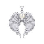 Guardian Angel Wings Silver Pendant with Mother of Pearl Birthstone for June