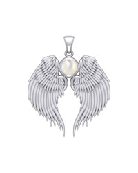 Guardian Angel Wings Silver Pendant with Mother of Pearl Birthstone for June