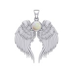 Guardian Angel Wings Silver Pendant with Opal Birthstone for October