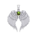 Guardian Angel Wings Silver Pendant with Peridot Birthstone for August