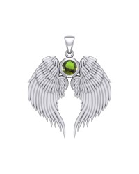 Guardian Angel Wings Silver Pendant with Peridot Birthstone for August