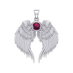 Guardian Angel Wings Silver Pendant with Ruby Birthstone for July