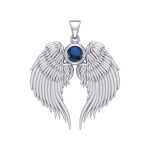 Guardian Angel Wings Silver Pendant with Sapphire Birthstone for September