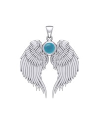 Guardian Angel Wings Silver Pendant with Turquoise Birthstone for December