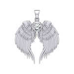 Guardian Angel Wings Silver Pendant with White Cubic Zirconia Birthstone for April