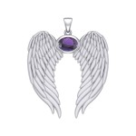 Guardian Angel Wings Pendant with Oval Amethyst Birthstone for February