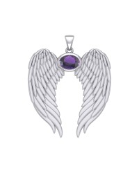 Guardian Angel Wings Pendant with Oval Amethyst Birthstone for February