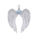 Guardian Angel Wings Pendant with Oval Aquamarine Birthstone for March