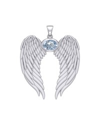 Guardian Angel Wings Pendant with Oval Aquamarine Birthstone for March