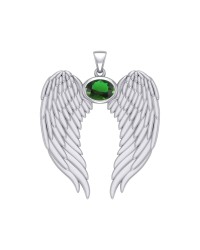 Guardian Angel Wings Pendant with Oval Emerald Birthstone for May