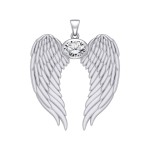 Guardian Angel Wings Pendant with Oval White Cubic Zirconia Birthstone for April