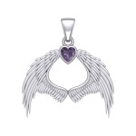 Guardian Angel Wings Pendant with Heart Amethyst Birthstone for February 