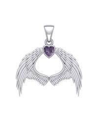 Guardian Angel Wings Pendant with Heart Amethyst Birthstone for February 