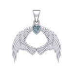 Guardian Angel Wings Pendant with Heart Aquamarine Birthstone  for March