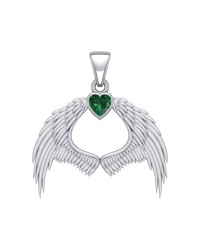 Guardian Angel Wings Pendant with Heart Emerald Birthstone for May