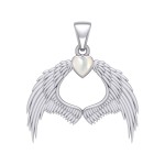 Guardian Angel Wings Pendant with Heart Mother of Pearl Birthstone for June