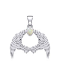 Guardian Angel Wings Pendant with Heart Opal Birthstone for October