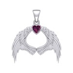 Guardian Angel Wings Pendant with Heart Ruby Birthstone for July