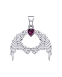 Guardian Angel Wings Pendant with Heart Ruby Birthstone for July