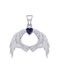 Guardian Angel Wings Pendant with Heart Sapphire Birthstone for September