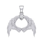 Guardian Angel Wings Pendant with Heart White Cubic Zirconia Birthstone for April