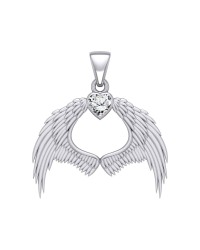 Guardian Angel Wings Pendant with Heart White Cubic Zirconia Birthstone for April