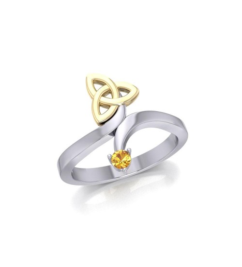 Celtic Trinity Knot with Citrine Gem Silver and Gold Ring 