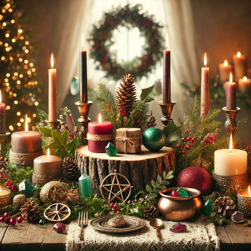 wicca altar for yule includes items from nature